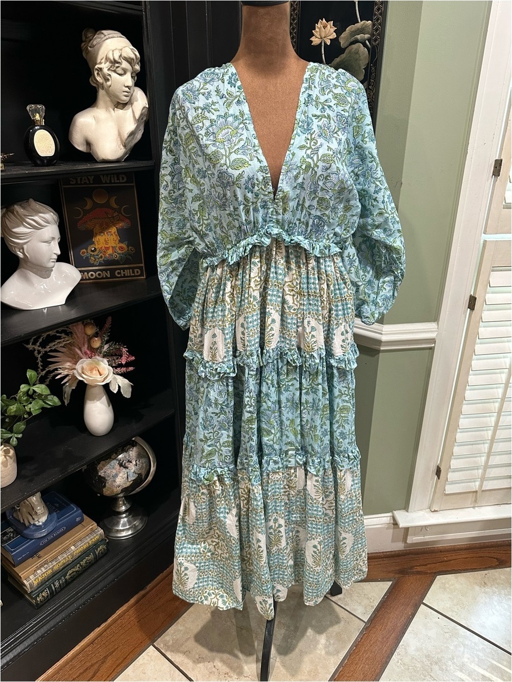 MYNAH by Smitha Signature Hand Block Print Dress – Blue & Green Floral